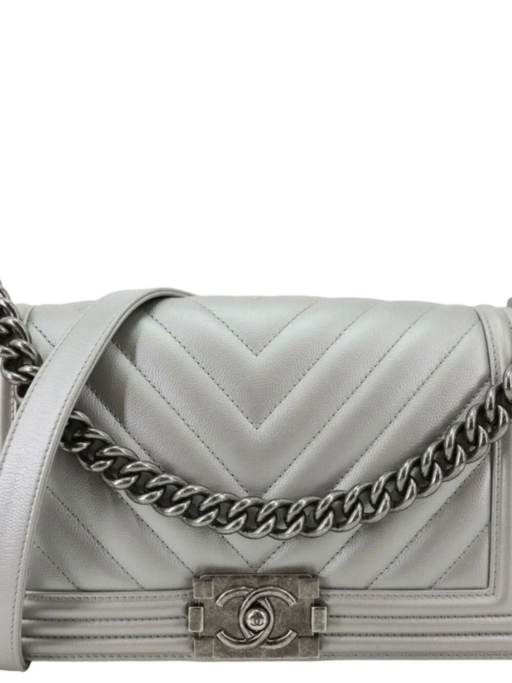 Chanel Boy Flap Medium Chevron Quilted Metallic Caviar Leather Crossbody Bag Si